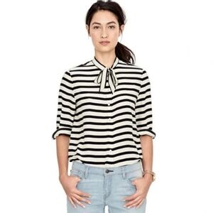 Fossil 100% Silk Striped Tie Neck Blouse Cream Black XS